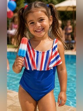Red white and blue patriotic flounce one piece swimsuit